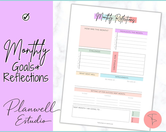 Monthly Goals & Reflections Printables | 3 Different formats